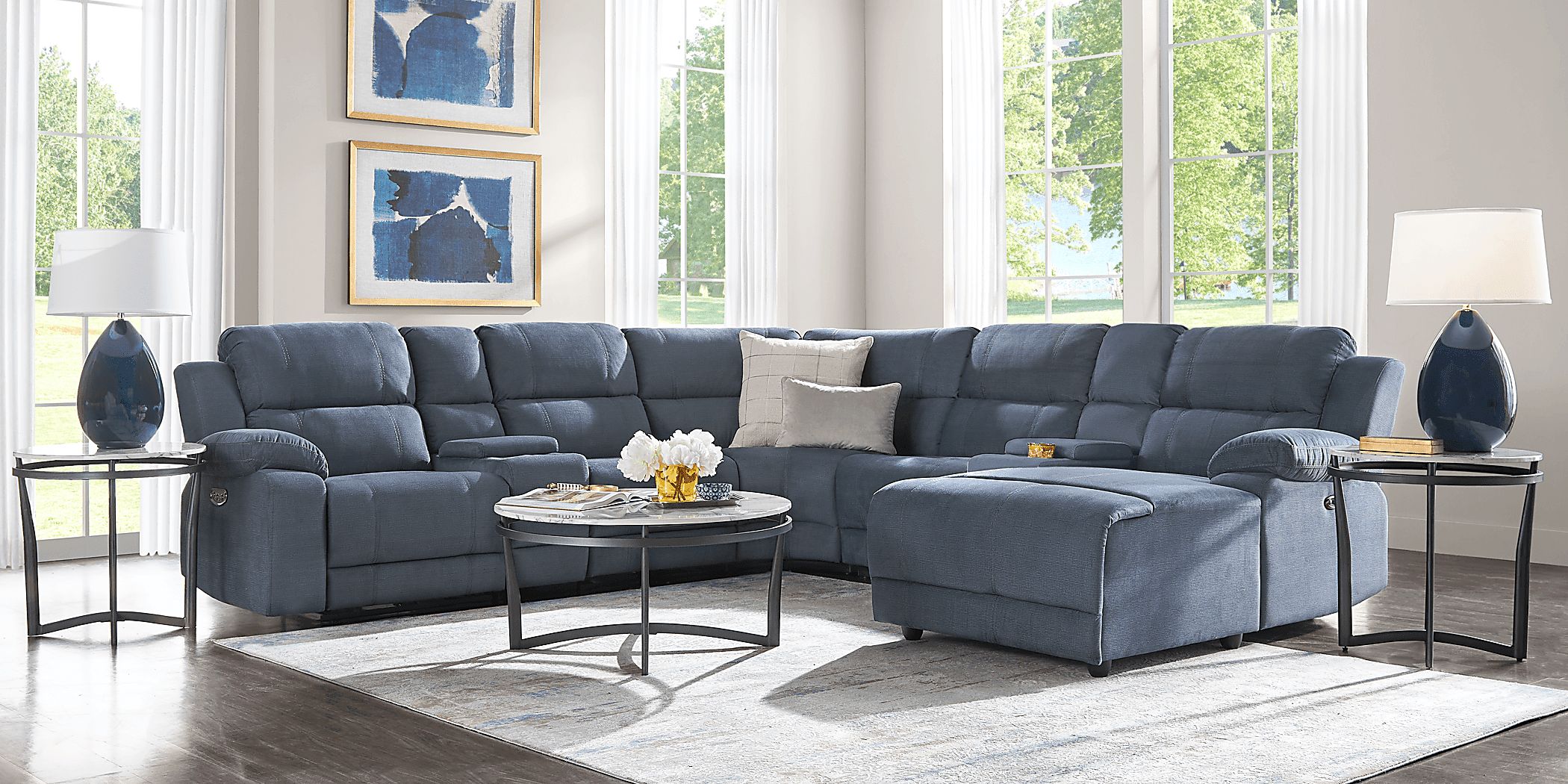 Rooms To Go Palmer Point Blue 7 Pc Dual Power Reclining Sectional